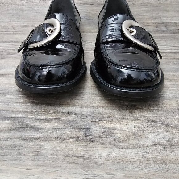 Stuart Weitzman Black Patent Leather Buckle Slip On Loafer Shoe - Picture 3 of 8